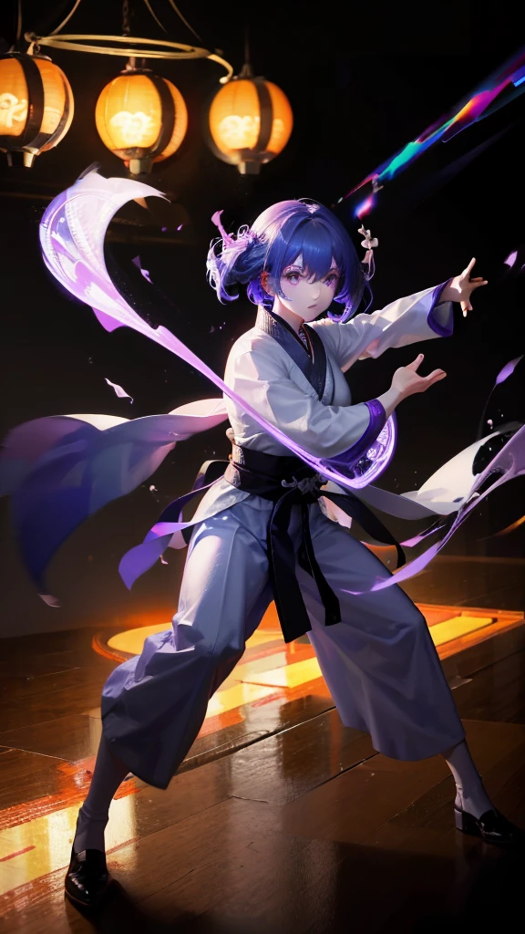 a handsome chinese girl, Sharp eyes, clear facial features, Wearing Hanfu, Fighting Stance, martial arts moves, The body is surrounded by purple mist, Runes around, Holographic Reality, Holographic Aura, Motion blur, Game lighting effects, Edge light, Soft Light, movie Edge light, delicate light, masterpiece, Super detailed, epic work, Ultra HD, high quality, best quality, 32k