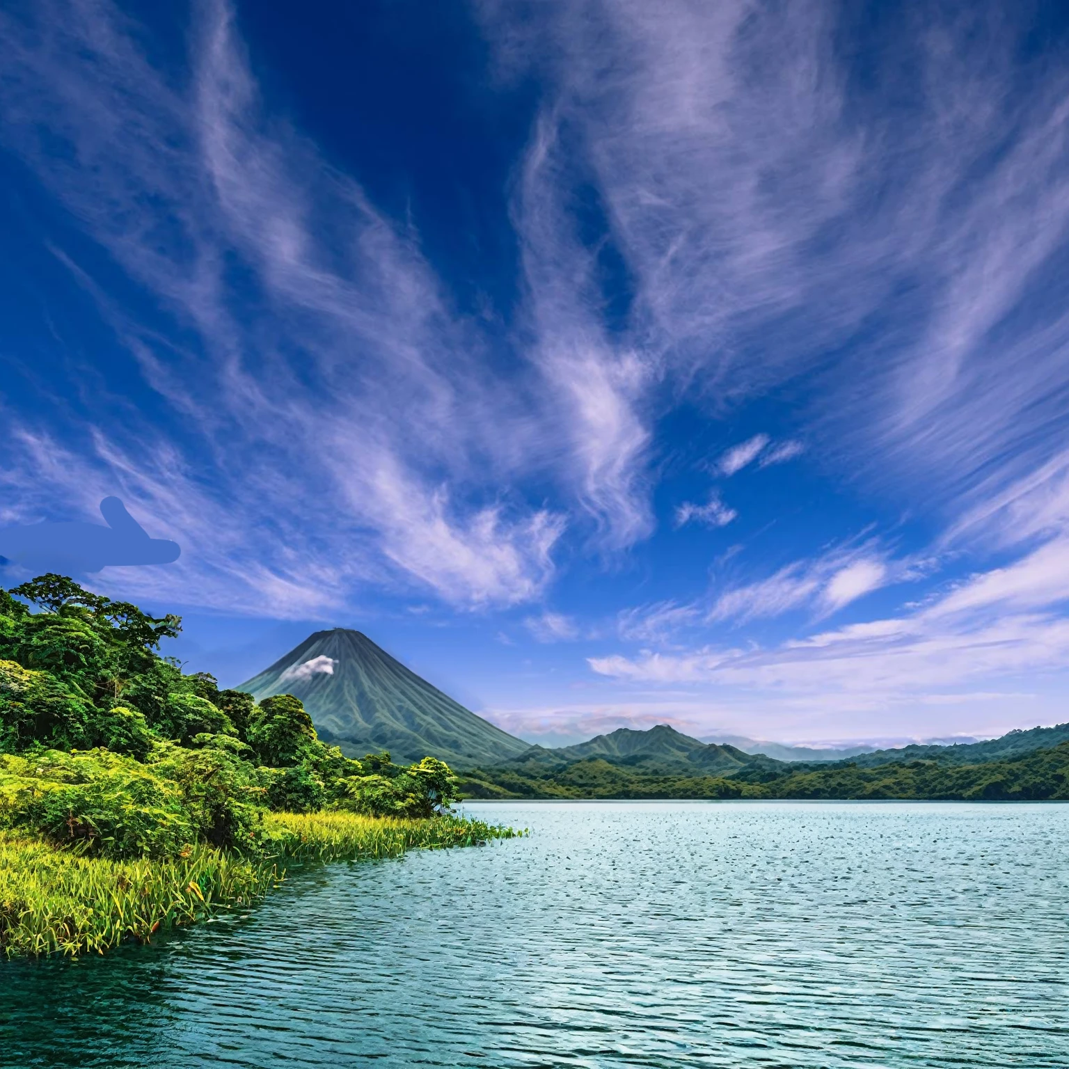 Summer sky,((Painterly style), Realistic, highly Realistic, Attention to detail, breathtakingly Realistic, High contrast realism, High Saturation Realism, Vibrant colors), (Lake in Costa Rica, Mountains visible in the distance々:1.3),(cloud:-1),Dramatic lighting, Fascinating landscape, Persuasive storytelling, Atmospheric scene, Captivating visuals, Intricate details, Strong emotions, Heavenly Beauty, A dreamlike world