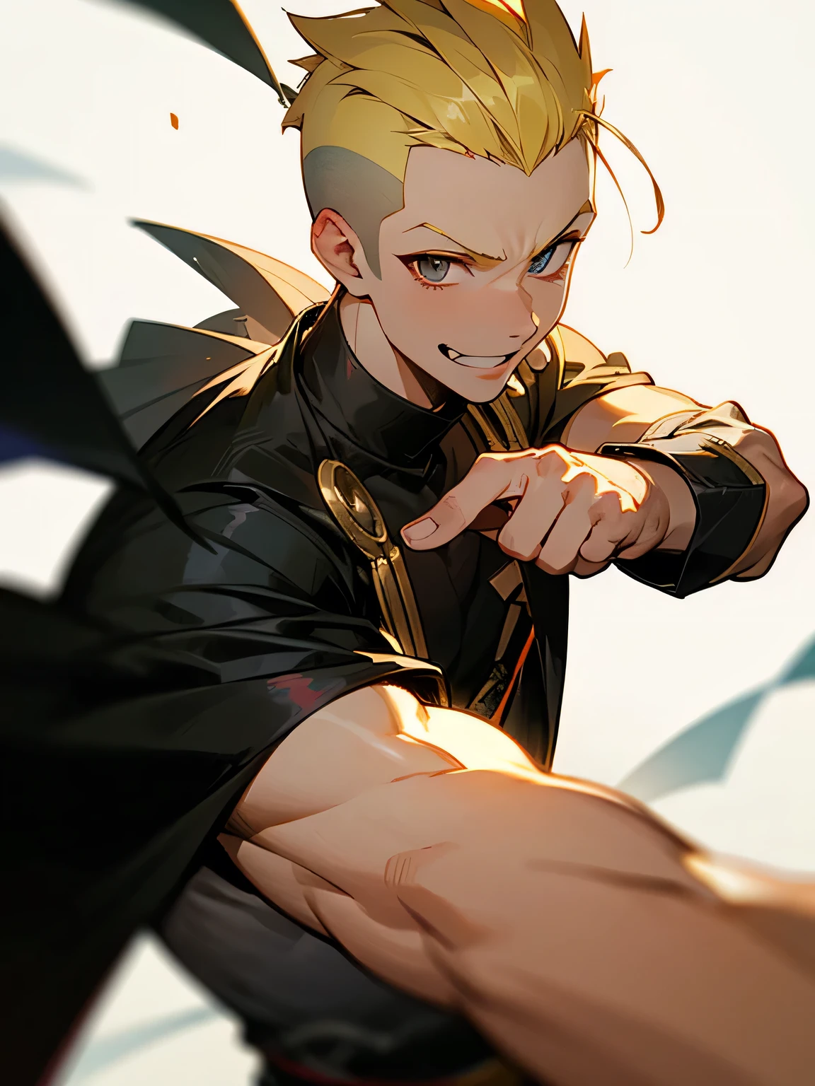 solo,upperbody,looking at viewer,1boy,blonde Mohawk haircut ,buzz cut,no bangs,big forehead,male's eyes, male's nose, male's mouth,handsome face, manly, grin,black clothe,fighting stance