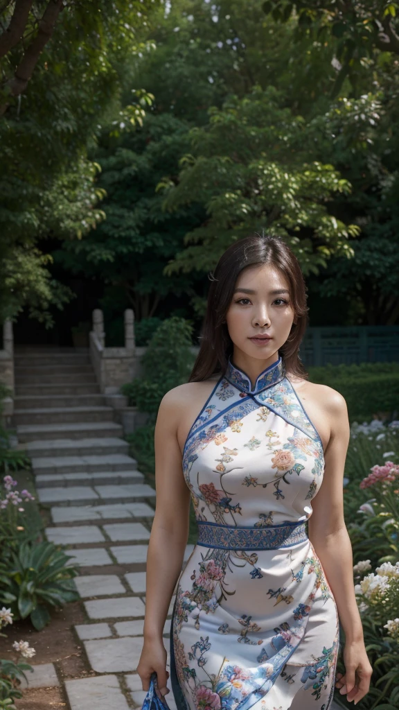 Masseter muscle film, top quality, ​Masterpiece, high resolution, Realism, original photography, 8k wallpaper, flawless, professional lighting, Very detailed, depth of field, ((a beautiful woman)),((chinese woman)) ((30 year old sexy woman)), (By the garden path), ((with gorgeous colors and patterns dress)), ((Look into the audience&#39;s eyes)), Detailed face, beautiful eyes, (elegant standing posture), Medium chest and good figure, light brown hair, sleek straight hair, (beautiful hair), (thick lips),