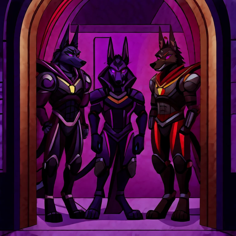 (masterpiece, best quality:1.2), Anubis jackals hellhounds, a couple of male bodyguards, wolves, furry, helluva boss, hypnotized with glowing purple eyes, angry serious face, wearing futuristic armor, using a Pulse Rifle, Energy Rifle, Futuristic assault rifle, guarding the door of a luxury room background