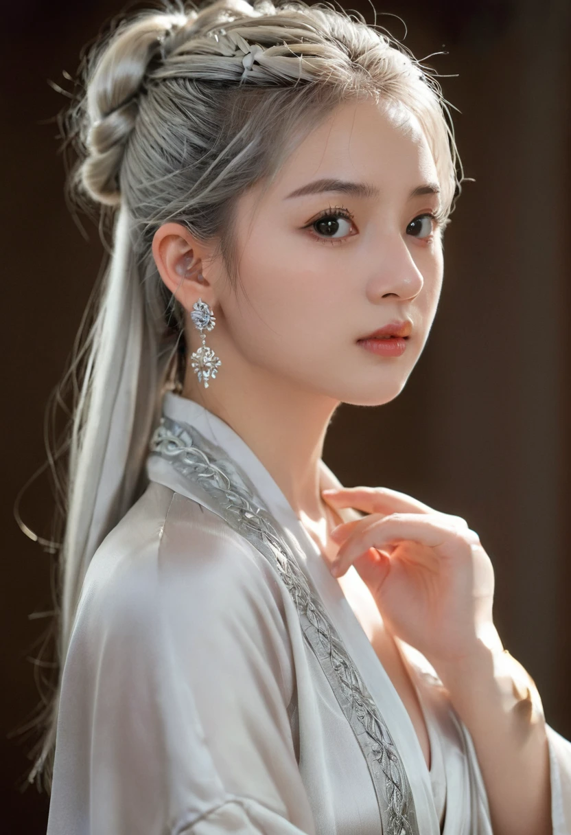 (best quality, masterpiece:1.2), Ultra-high resolution, Practical, Front lighting, Intricate details, Exquisite details and textures, 1 Girl, Solitary ,(young), Facial highlights, Upper Body, Delicate face, Tear mole, White skin, Silver Hair, Ponytail, Braided hair, Looking at the audience, big eyes, silk robe, (Hollow pattern, White, silk), earrings, Small Breasts, slim, VIP room, Professional lighting, Photon Mapping, Radiosity, Physically Based Rendering,