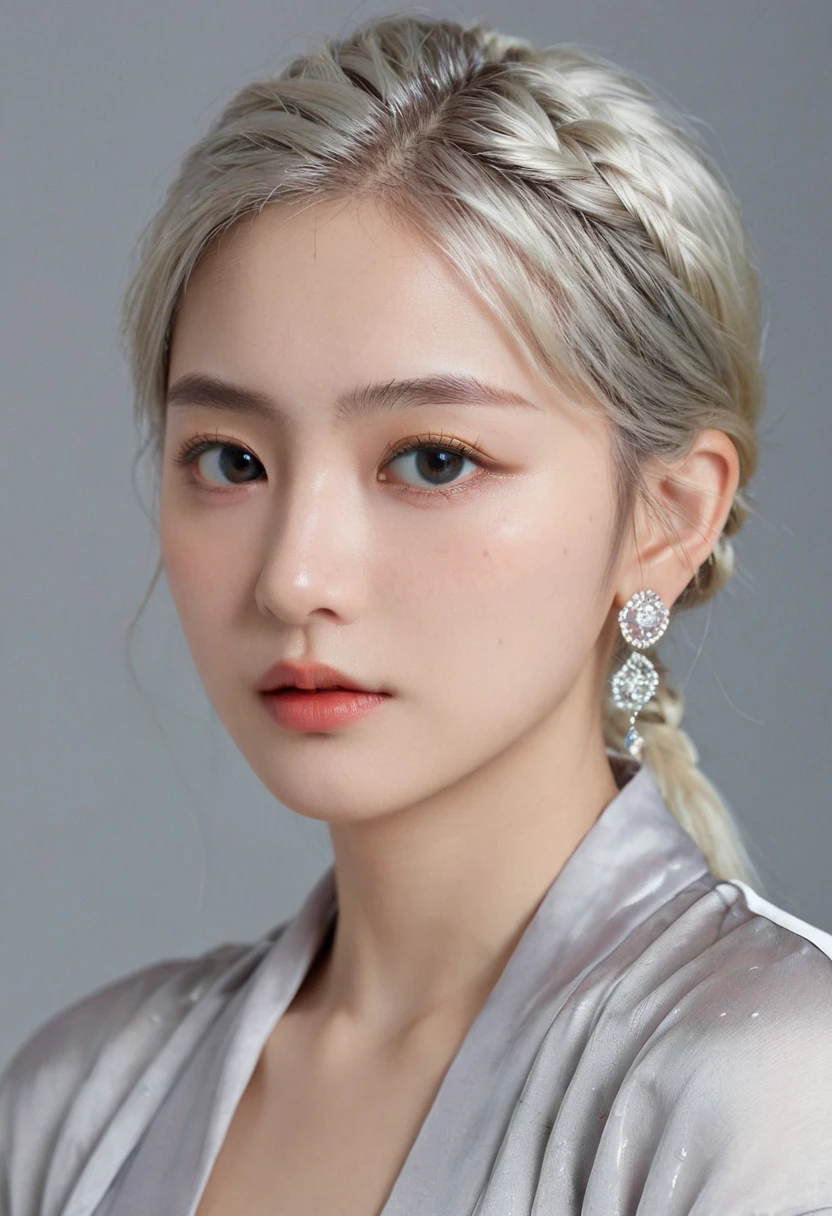 (best quality, masterpiece:1.2), Ultra-high resolution, Practical, Front lighting, Intricate details, Exquisite details and textures, 1 Girl, Solitary ,(young), Facial highlights, Upper Body, Delicate face, Tear mole, White skin, Silver Hair, Ponytail, Braided hair, Looking at the audience, big eyes, silk robe, (Hollow pattern, White, silk), earrings, Small Breasts, slim, VIP room, Professional lighting, Photon Mapping, Radiosity, Physically Based Rendering,
