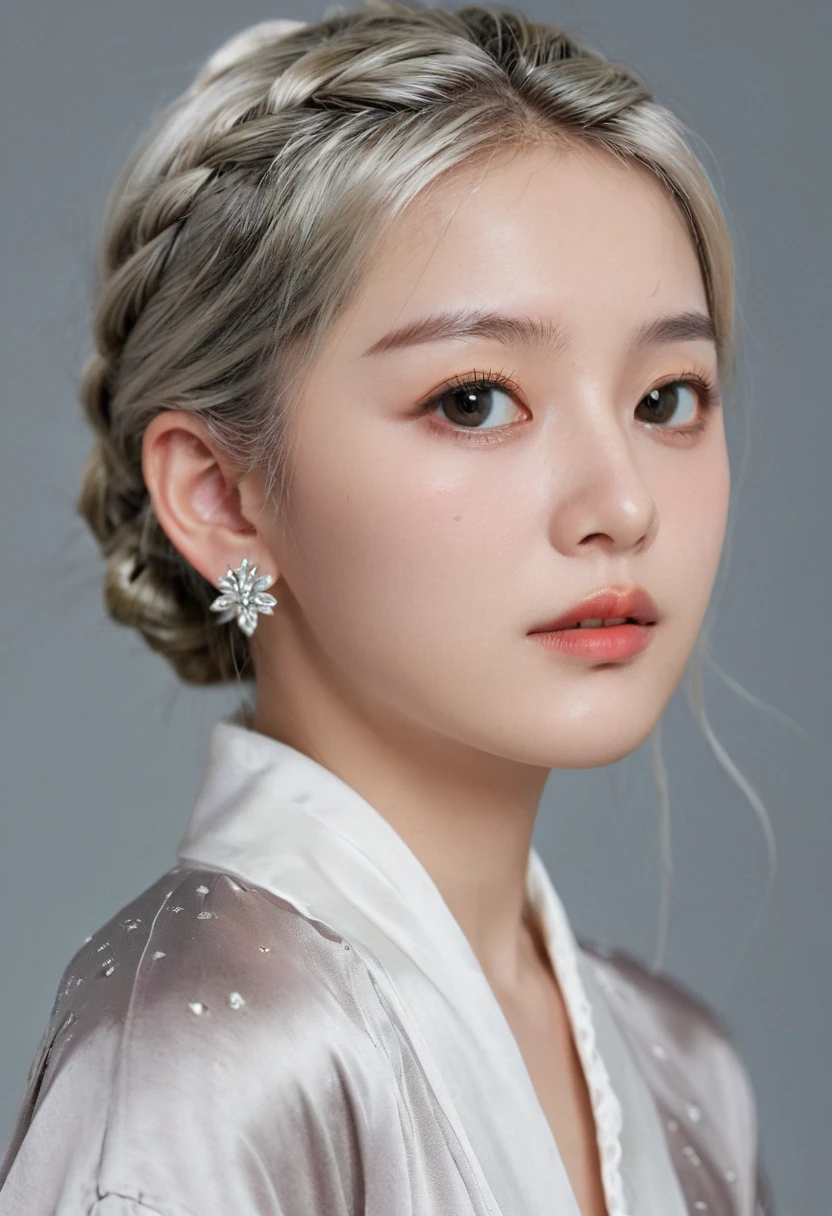 (best quality, masterpiece:1.2), Ultra-high resolution, Practical, Front lighting, Intricate details, Exquisite details and textures, 1 Girl, Solitary ,(young), Facial highlights, Upper Body, Delicate face, Tear mole, White skin, Silver Hair, Ponytail, Braided hair, Looking at the audience, big eyes, silk robe, (Hollow pattern, White, silk), earrings, Small Breasts, slim, VIP room, Professional lighting, Photon Mapping, Radiosity, Physically Based Rendering,