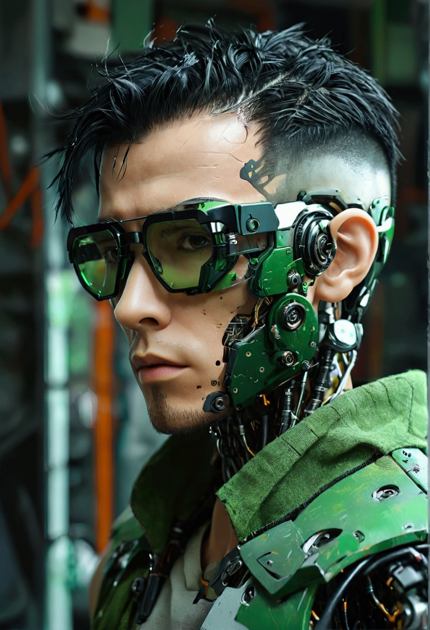 Male robot body hair with black-rimmed glasses with undercut hair, Look to the camera ::futuristic cyberpunk style ,realistic styling ::n_digital painting style, robotic parts, face perfect::seed 1、Black Edged Hair、large nose、Green-based clothing