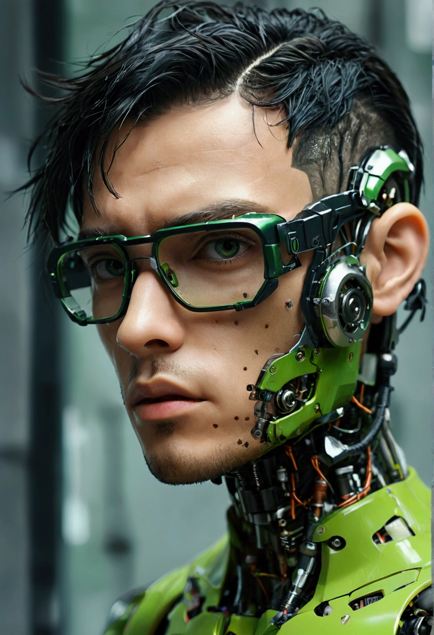 Male robot body hair with black-rimmed glasses with undercut hair, Look to the camera ::futuristic cyberpunk style ,realistic styling ::n_digital painting style, robotic parts, face perfect::seed 1、Black Edged Hair、large nose、Green-based clothing