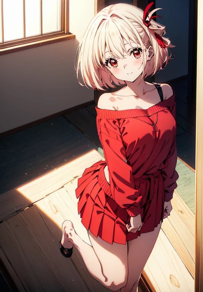 Chisato Nishikigi, short hair, bangs, Blonde, (Red eyes:1.5), hair ribbon, One side up, Bobcut,happy smile, smile, Open your mouth,Heart-shaped necklace,Bare neck,Bare shoulders,bare clavicle,Red one-shoulder sweater,mini skirt,Black pantyhose,short boots,Walking,whole bodyがイラストに入るように,Daytime,Clear skies,
break indoors,School,canteen,
break looking at viewer, whole body,
break (masterpiece:1.2), Highest quality, High resolution, unity 8k wallpaper, (figure:0.8), (Beautiful attention to detail:1.6), Highly detailed face, Perfect lighting, Highly detailed CG, (Perfect hands, Perfect Anatomy),