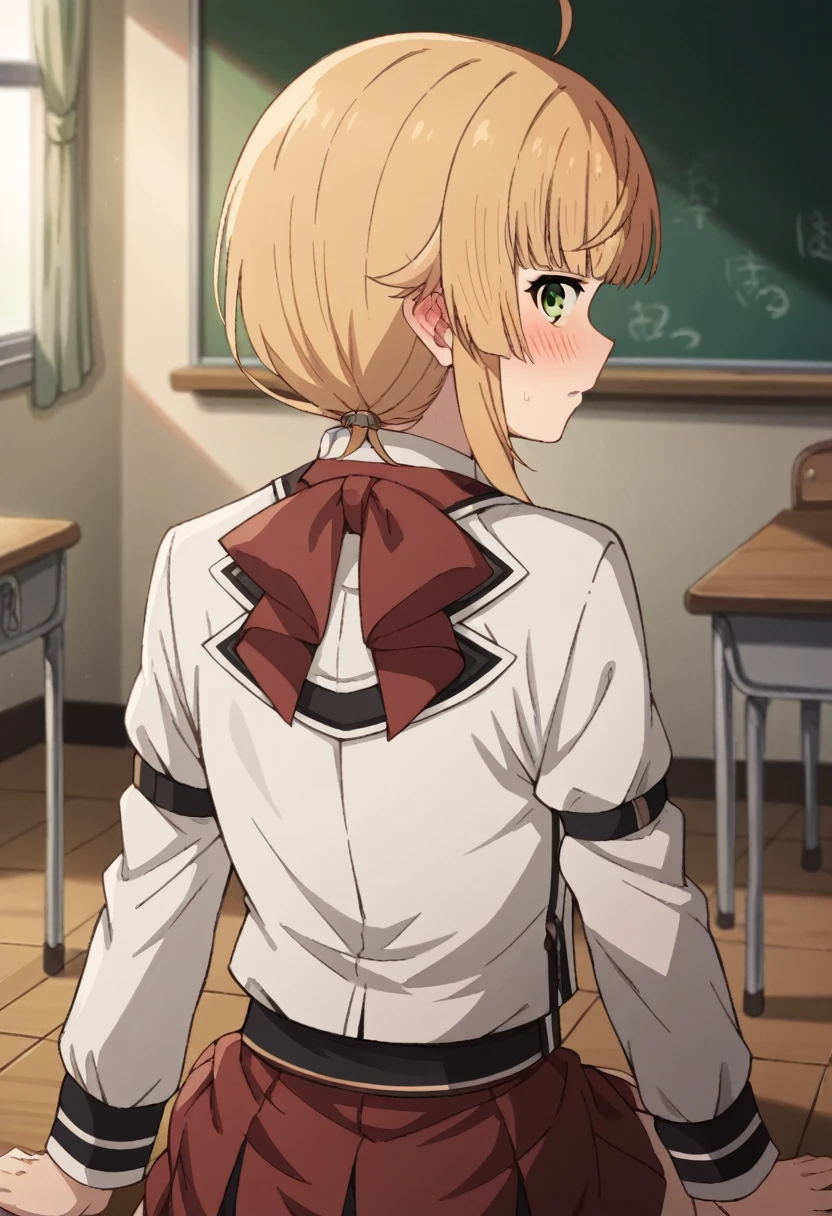 NSFW，from  behind，
norngreyrat, norn greyrat, bangs, blonde hair, green eyes, ahoge,
long sleeves, bow，jacket, bowtie, red bow, skirt, red skirt, white jacket,
indoors, classroom, (embrassing,blush:1.2),(vapor:0.8),(Wet:0.8),(Sweat:0.8)，all fours，show off your ass
looking at viewer