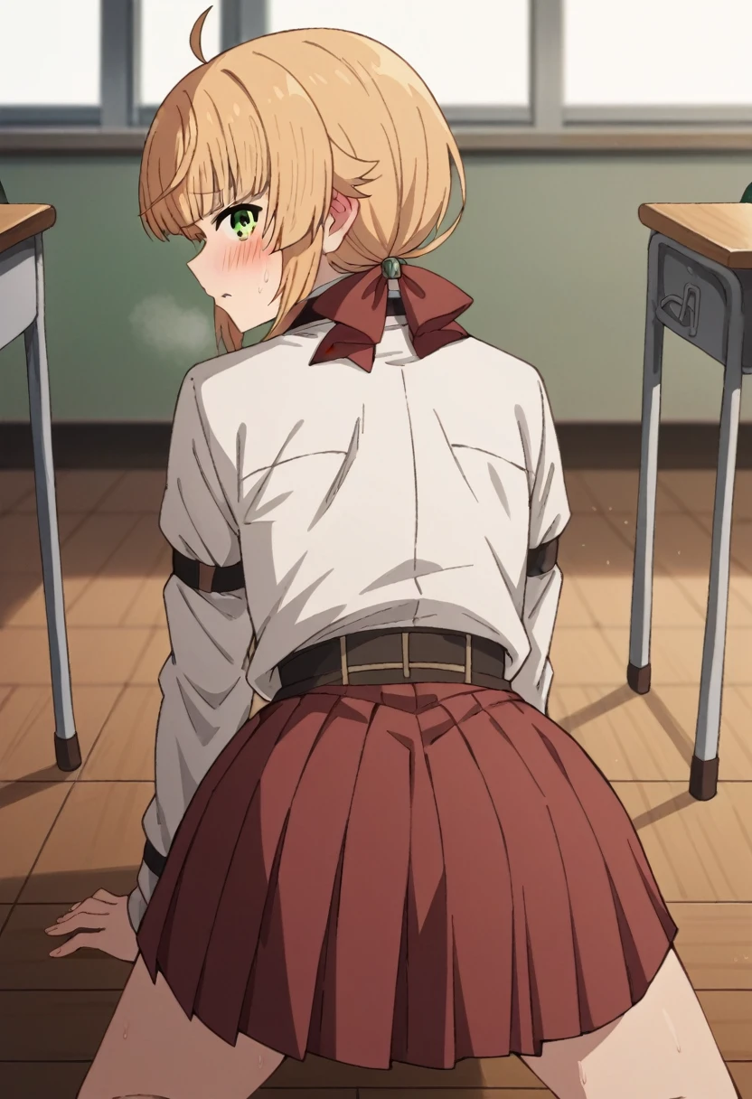 NSFW，from  behind，
norngreyrat, norn greyrat, bangs, blonde hair, green eyes, ahoge,
long sleeves, bow，jacket, bowtie, red bow, skirt, red skirt, white jacket,
indoors, classroom, (embrassing,blush:1.2),(vapor:0.8),(Wet:0.8),(Sweat:0.8)，all fours，show off your ass
looking at viewer