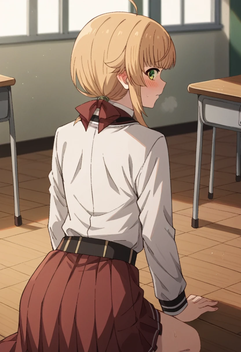 NSFW，from  behind，
norngreyrat, norn greyrat, bangs, blonde hair, green eyes, ahoge,
long sleeves, bow，jacket, bowtie, red bow, skirt, red skirt, white jacket,
indoors, classroom, (embrassing,blush:1.2),(vapor:0.8),(Wet:0.8),(Sweat:0.8)，all fours，show off your ass
looking at viewer