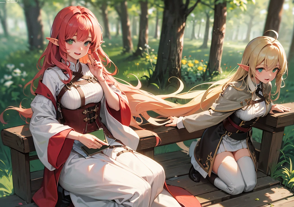 Realistic photos, Focus distance 10mm, Red and white, A big smile, Curly blonde hair, Beautiful girl, Realistic photos, Focus distance 10mmで撮影, masterpiece, 最high quality, high quality, Very detailed CG 8k wallpaper unit, Award-winning photography, Bokeh, Depth of written boundary, High resolution, bloom, chromatic aberration, Realistic, Very detailed, Art Station Trends, CGsociety Trends, Complex, High detail, dramatic, Art on the go, volumetric lighting, Final Fantasy style beautiful girl、Elf Ears、Green Eyes、Wearing long boots and a cloak、Manipulating magical energy、Fantastic forest in the background