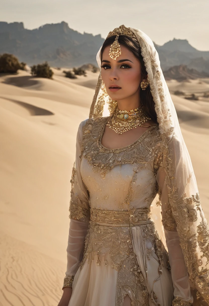 A strong feminine princess rules entire desert, she is very beautiful with veil on her face and a beauty layered dress ...