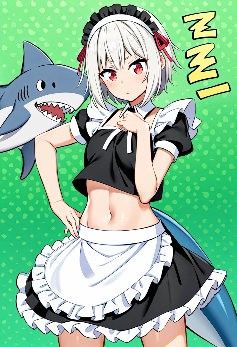 Ellen/ZZZ,short hair,red eye,tail shark,maid,skirt maid, navel showing, midriff, stomach,hand on waist,