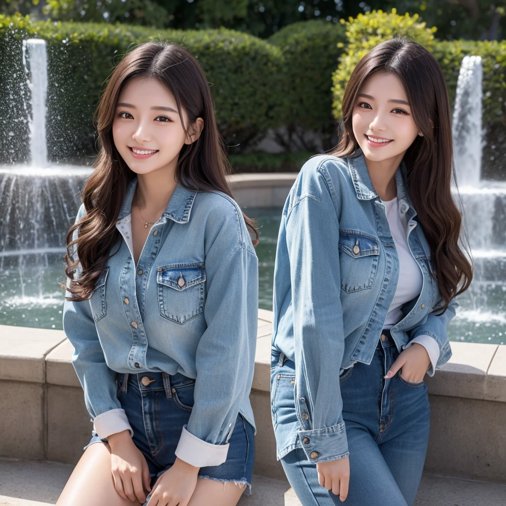 HD detailed, Super detailed, Realistic,Hyperrealism,Best image quality、Highest quality、masterpiece、Ultra-high resolution、Like the picture:1.5、Professional Lighting、One Girl、18-year-old,Japanese women,Long sleeve、Wearing a buttoned up denim shirt and jeans、A kind smile、Show the whole body、Park fountain、