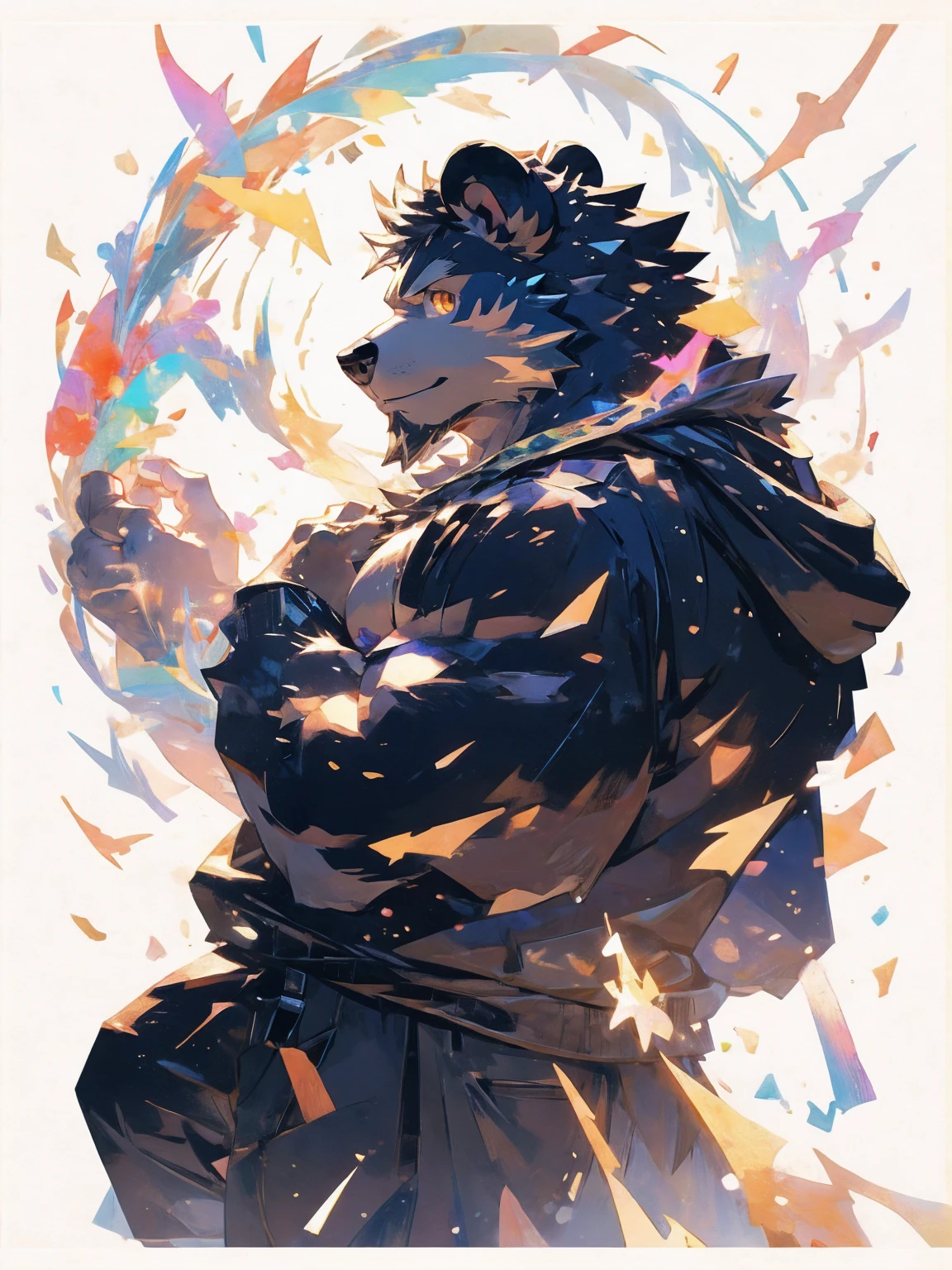 (masterpiece:1.2), best quality,pixiv,official art,perfect anatomy, (Ray tracing, light),solo, extreme detail, (1_male:1.3) , (muscle), (grey fur:1.4), (muscle bear), (beard:1.2), (gleaming golden eyes), bear tail, Thick black eyebrows, (open short hoodie), (naked inside),cargo shorts, black short boots, (pure white background: 1.3), (portrait:1.1), colorful bandage, border line, light color, bright color