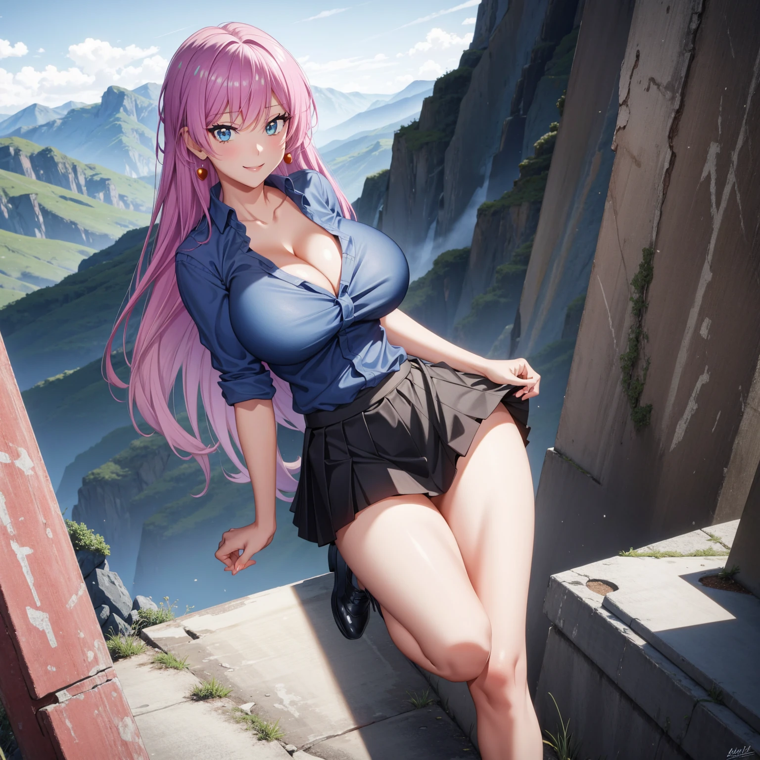 1 girl, very big breasts, very sexy body, 1 girl in, a smile, looks at the viewer, black shirt, super short white school miniskirt, full body, giant breasts, cleavage, giant breasts, heels, background in the mountains 1 girl , with big breasts. long legs QUEEN huge tits, (cleavage), high legs, (standing), sexy and muscular body. short skirt.4k hd