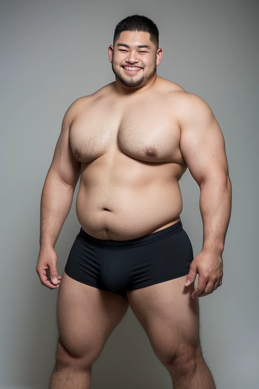 ((highest quality)), ((masterpiece)), (detailed), ((Perfect Face)), 4k, Shaved head, Young Japanese, Muscular, Fat body, Very big man, smile, ((showing off crotch))A large Japanese man topless、whole body、Rugby、Thick legs、Thick arm muscles、Intimidating、whole body、wearing a very tight black shorts