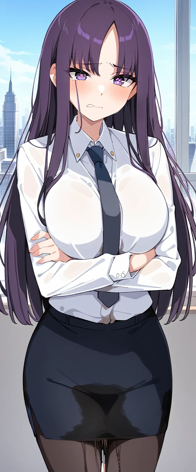 (masterpiece:1.37), best quality, (extremely detailed:1.37), (1girl:1.5), woman, (mature:1.5), (adult:1.5), large breasts, very long hair, (straight hair:1.5), (very dark purple hair:1.5), purple eyes, (extremely detailed eyes:1.37), business suit, necktie, very long (pencil skirt:1.5), pantyhose, desperation, (wetting self:2.0), standing, embarrassed, humiliation, blushing, angry, (crossed arms:1.5), office, indoors, window, cityscape, full body