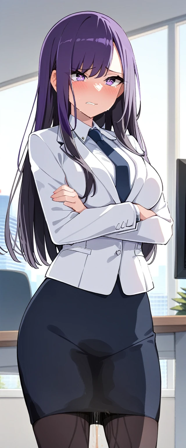 (masterpiece:1.37), best quality, (extremely detailed:1.37), (1girl:1.5), woman, (mature:1.5), (adult:1.5), large breasts, very long hair, (straight hair:1.5), (very dark purple hair:1.5), purple eyes, (extremely detailed eyes:1.37), business suit, necktie, very long (pencil skirt:1.5), pantyhose, desperation, (wetting self:2.0), standing, embarrassed, humiliation, blushing, angry, (crossed arms:1.5), office, indoors, window, cityscape, full body