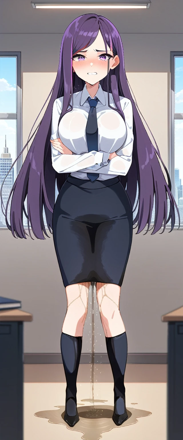 (masterpiece:1.37), best quality, (extremely detailed:1.37), (1girl:1.5), woman, (mature:1.5), (adult:1.5), large breasts, very long hair, (straight hair:1.5), (very dark purple hair:1.5), purple eyes, (extremely detailed eyes:1.37), business suit, necktie, very long (pencil skirt:1.5), pantyhose, desperation, (wetting self:2.0), standing, embarrassed, humiliation, blushing, angry, (crossed arms:1.5), office, indoors, window, cityscape, full body