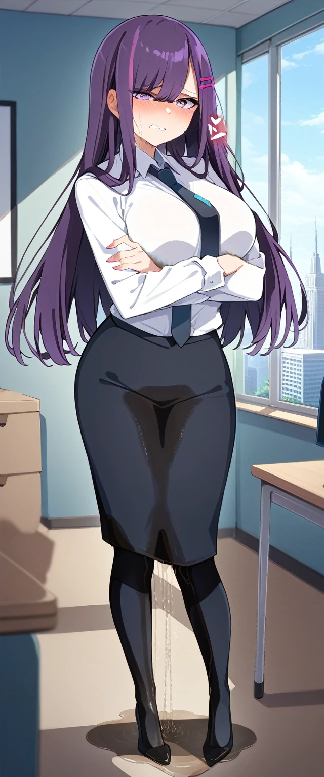 (masterpiece:1.37), best quality, (extremely detailed:1.37), (1girl:1.5), woman, (mature:1.5), (adult:1.5), large breasts, very long hair, (straight hair:1.5), (very dark purple hair:1.5), purple eyes, (extremely detailed eyes:1.37), business suit, necktie, very long (pencil skirt:1.5), pantyhose, desperation, (wetting self:2.0), standing, embarrassed, humiliation, blushing, angry, (crossed arms:1.5), office, indoors, window, cityscape, full body