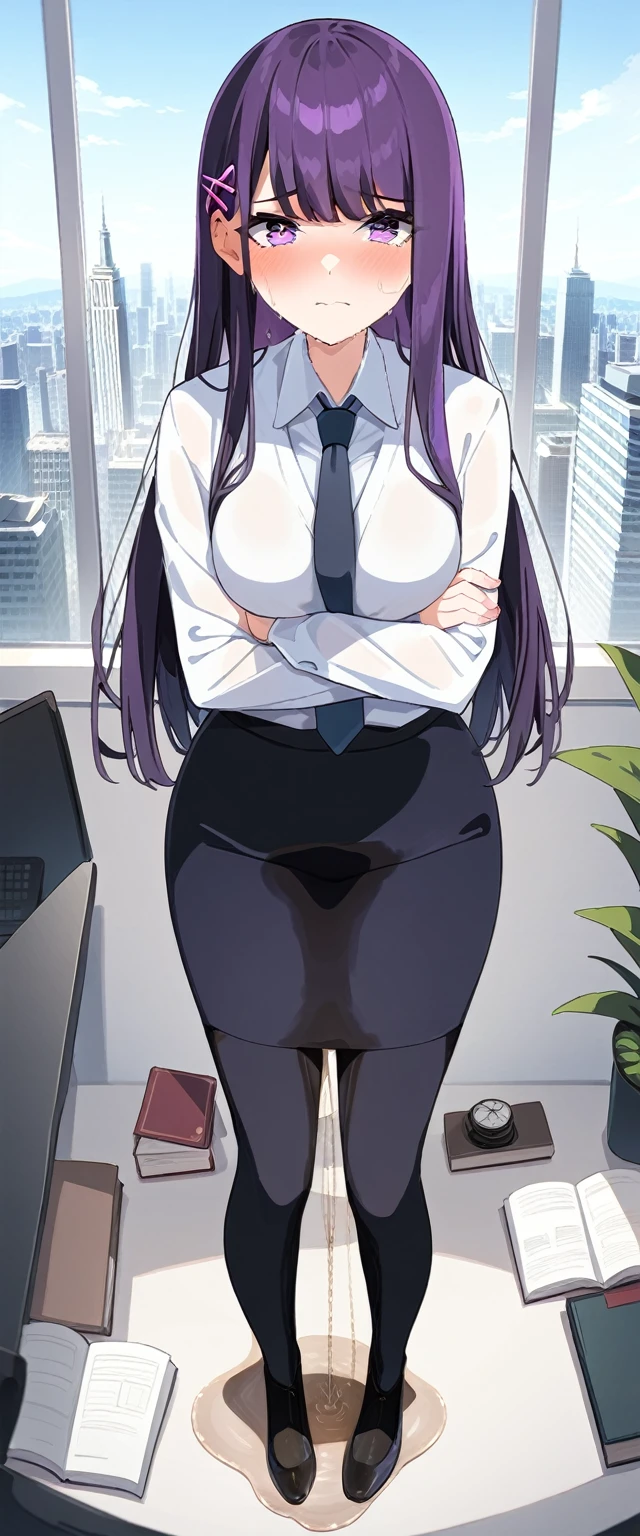 (masterpiece:1.37), best quality, (extremely detailed:1.37), (1girl:1.5), woman, (mature:1.5), (adult:1.5), large breasts, very long hair, (straight hair:1.5), (very dark purple hair:1.5), purple eyes, (extremely detailed eyes:1.37), business suit, necktie, very long (pencil skirt:1.5), pantyhose, desperation, (wetting self:2.0), standing, embarrassed, humiliation, blushing, angry, (crossed arms:1.5), office, indoors, window, cityscape, full body