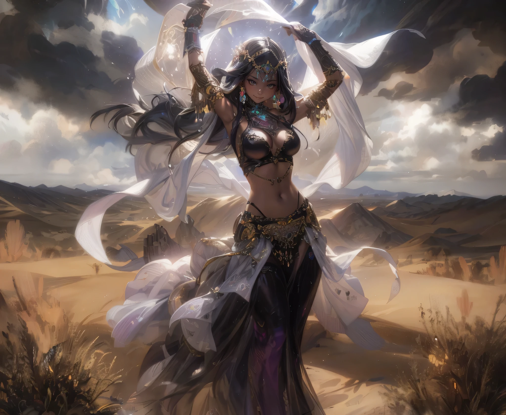 a desert princess, intricate ornate traditional dress, futuristic cyberpunk elements, elaborate detailed fantasy background, volumetric lighting, dramatic cinematic lighting, hyper detailed, masterpiece, 8k, photorealistic, sharp focus, professional digital art