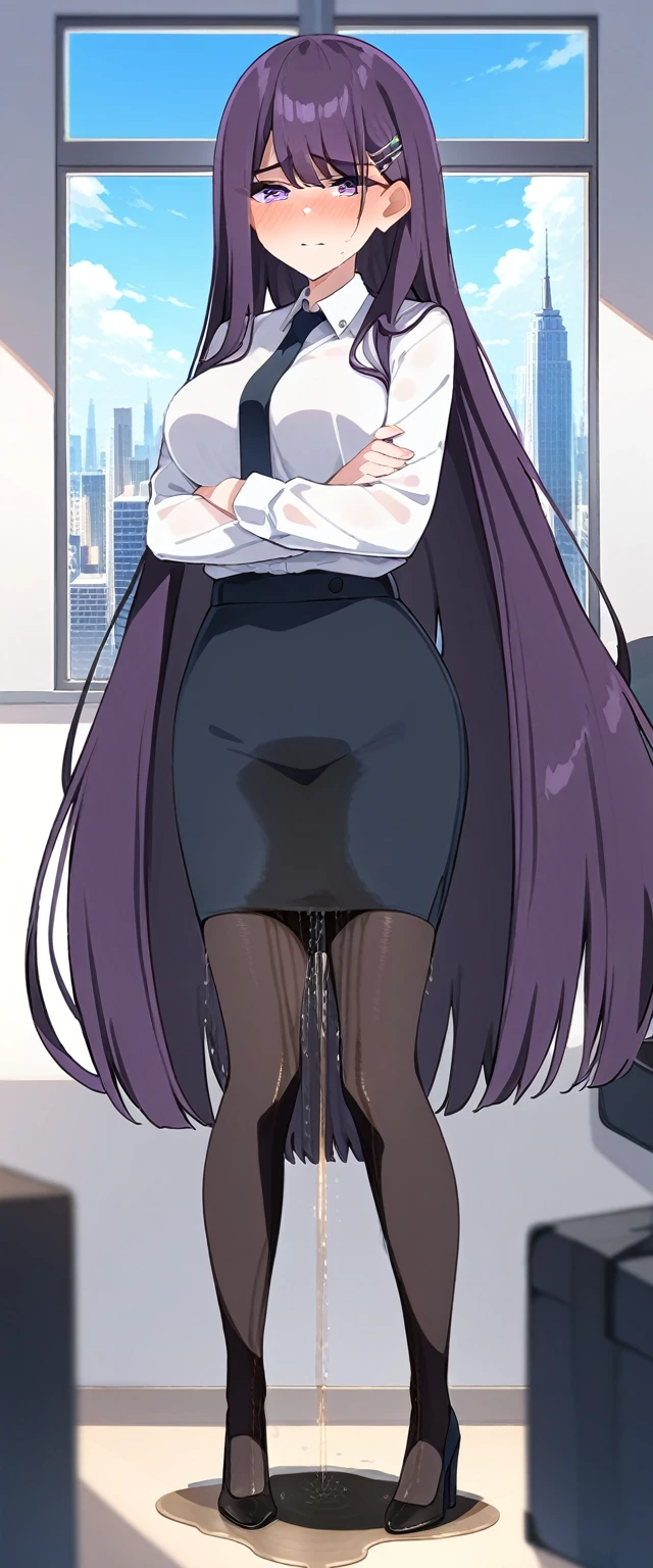 (masterpiece:1.37), best quality, (extremely detailed:1.37), (1girl:1.5), woman, (mature:1.5), (adult:1.5), large breasts, very long hair, (straight hair:1.5), (very dark purple hair:1.5), purple eyes, (extremely detailed eyes:1.37), business suit, necktie, very long (pencil skirt:1.5), pantyhose, desperation, (wetting self:2.0), standing, embarrassed, humiliation, blushing, angry, (crossed arms:1.5), office, indoors, window, cityscape, full body