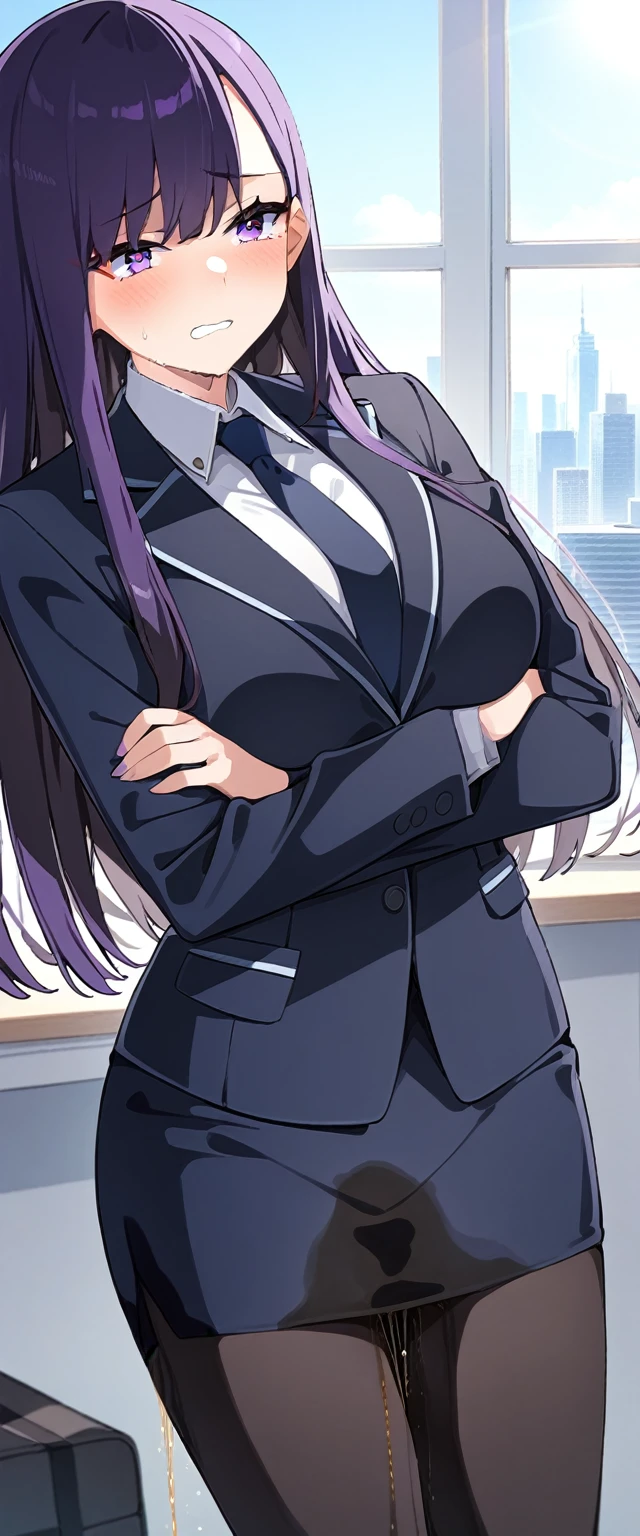 (masterpiece:1.37), best quality, (extremely detailed:1.37), (1girl:1.5), woman, (mature:1.5), (adult:1.5), large breasts, very long hair, (straight hair:1.5), (very dark purple hair:1.5), purple eyes, (extremely detailed eyes:1.37), business suit, necktie, very long (pencil skirt:1.5), pantyhose, desperation, (wetting self:2.0), standing, embarrassed, humiliation, blushing, angry, (crossed arms:1.5), office, indoors, window, cityscape, full body