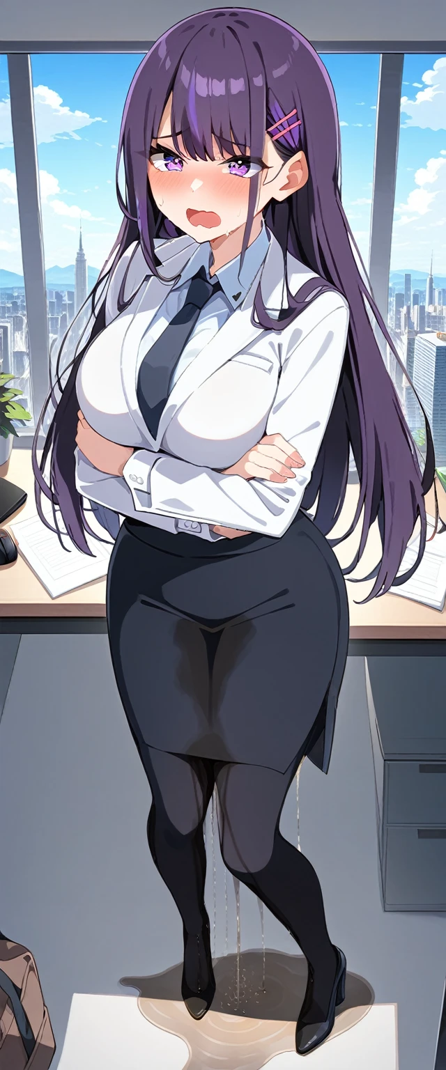 (masterpiece:1.37), best quality, (extremely detailed:1.37), (1girl:1.5), woman, (mature:1.5), (adult:1.5), large breasts, very long hair, (straight hair:1.5), (very dark purple hair:1.5), purple eyes, (extremely detailed eyes:1.37), business suit, necktie, very long (pencil skirt:1.5), pantyhose, desperation, (wetting self:2.0), standing, embarrassed, humiliation, blushing, angry, (crossed arms:1.5), office, indoors, window, cityscape, full body