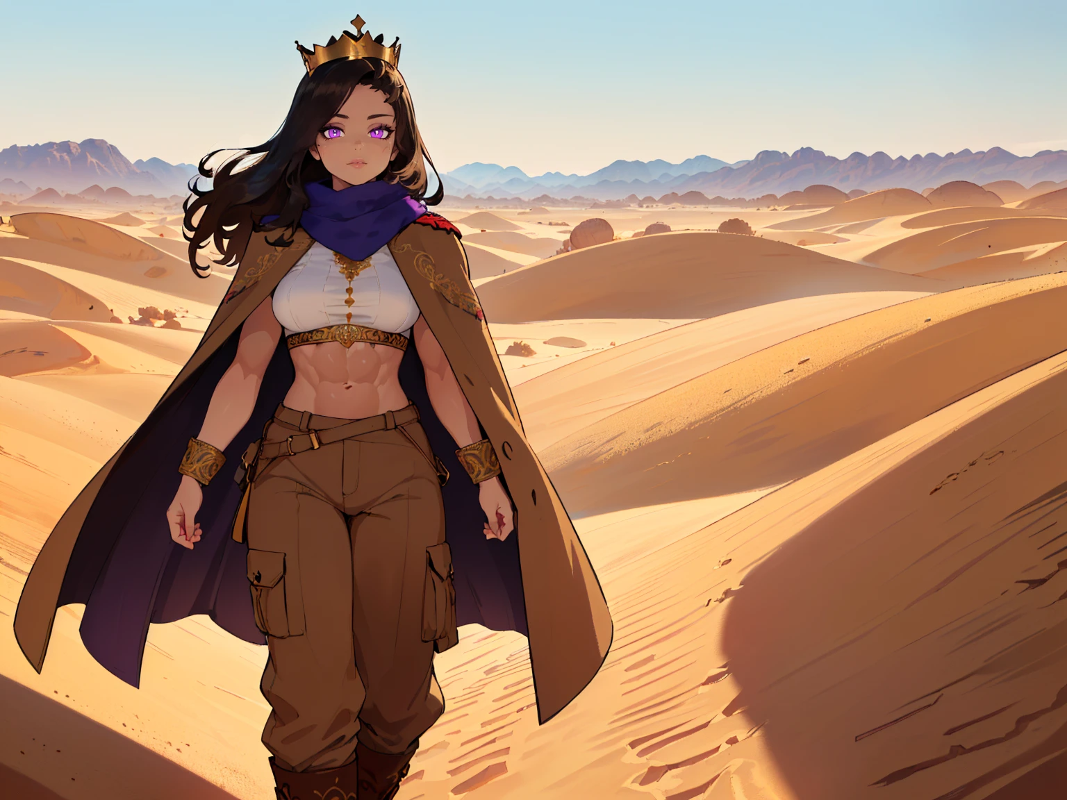 masterpiece, best quality, high definition, highres, (1girl, solo:1.3), (black hair, long hair, hair swaying from the wind:1.3), (wearing mask, brown mask:1.4), (purple eyes, detailed eyes, bright pupils:1.3), (tan, dark skin:1.4), (desert coat, brown scarf, royal cloak, ornate shirt, embroidered shirt, brown pants:1.4), (she has a crown, wearing crown:1.3), (muscular, muscular female, fit:1.3), (midriff, navel, abs, stomach, toned abs:1.2), (standing, walking:1.2), (scenery, desert scenery, intricate desert background, sand mounds:1.4), (day time, warm lighting, dust particles, bokeh, lens flare:1.1), 
