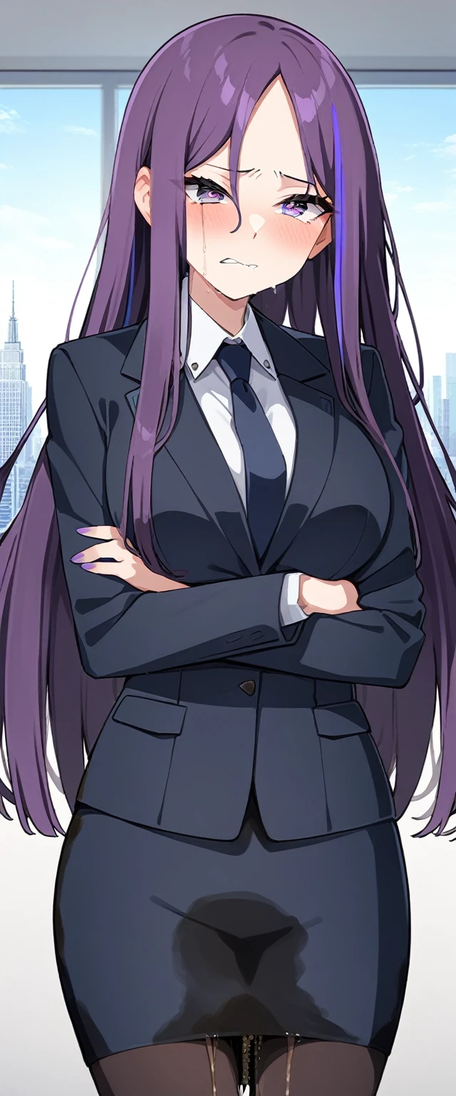 (masterpiece:1.37), best quality, (extremely detailed:1.37), (1girl:1.5), woman, (mature:1.5), (adult:1.5), large breasts, very long hair, (straight hair:1.5), (very dark purple hair:1.5), purple eyes, (extremely detailed eyes:1.37), business suit, necktie, very long (pencil skirt:1.5), pantyhose, desperation, (wetting self:2.0), standing, embarrassed, humiliation, blushing, angry, (crossed arms:1.5), office, indoors, window, cityscape, full body