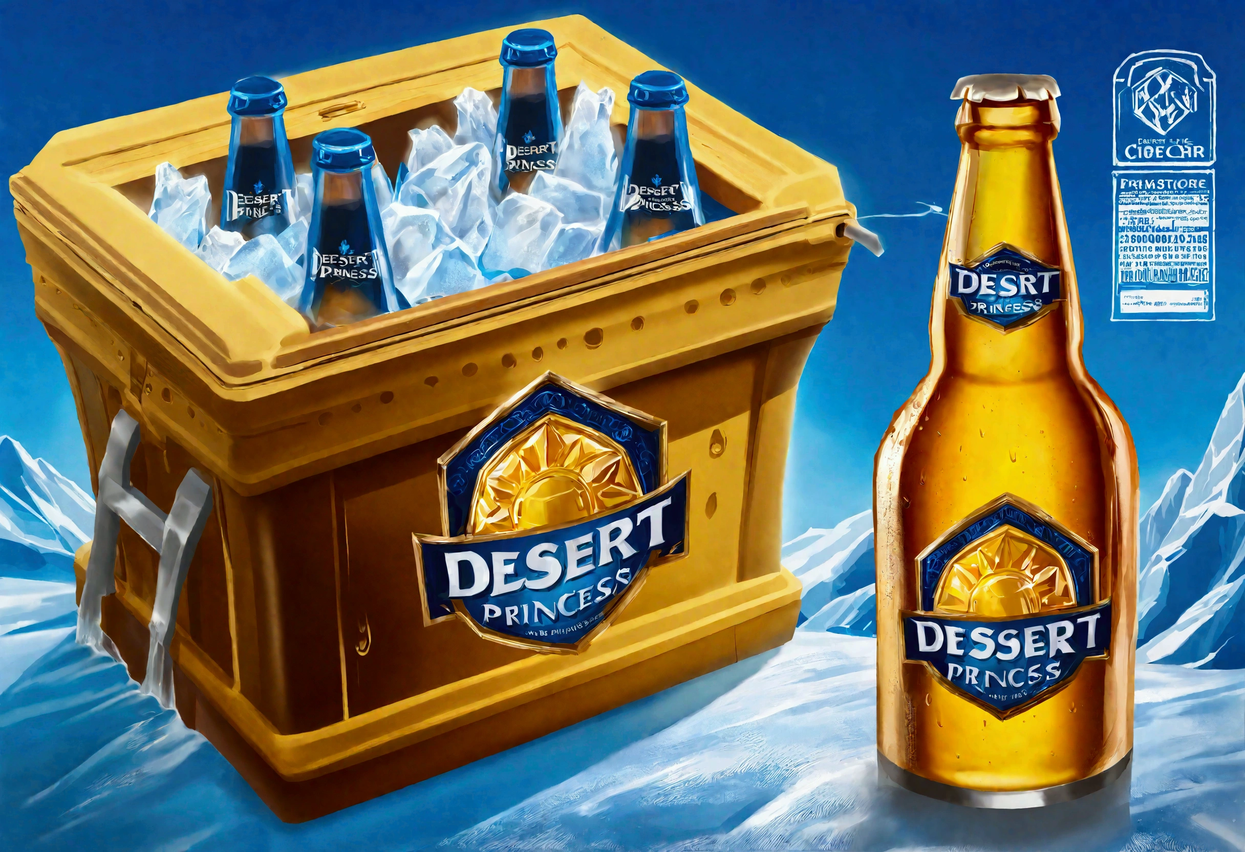 A beer commercial, unopened bottle of beer in ice chest, label reads 'Desert Princess'