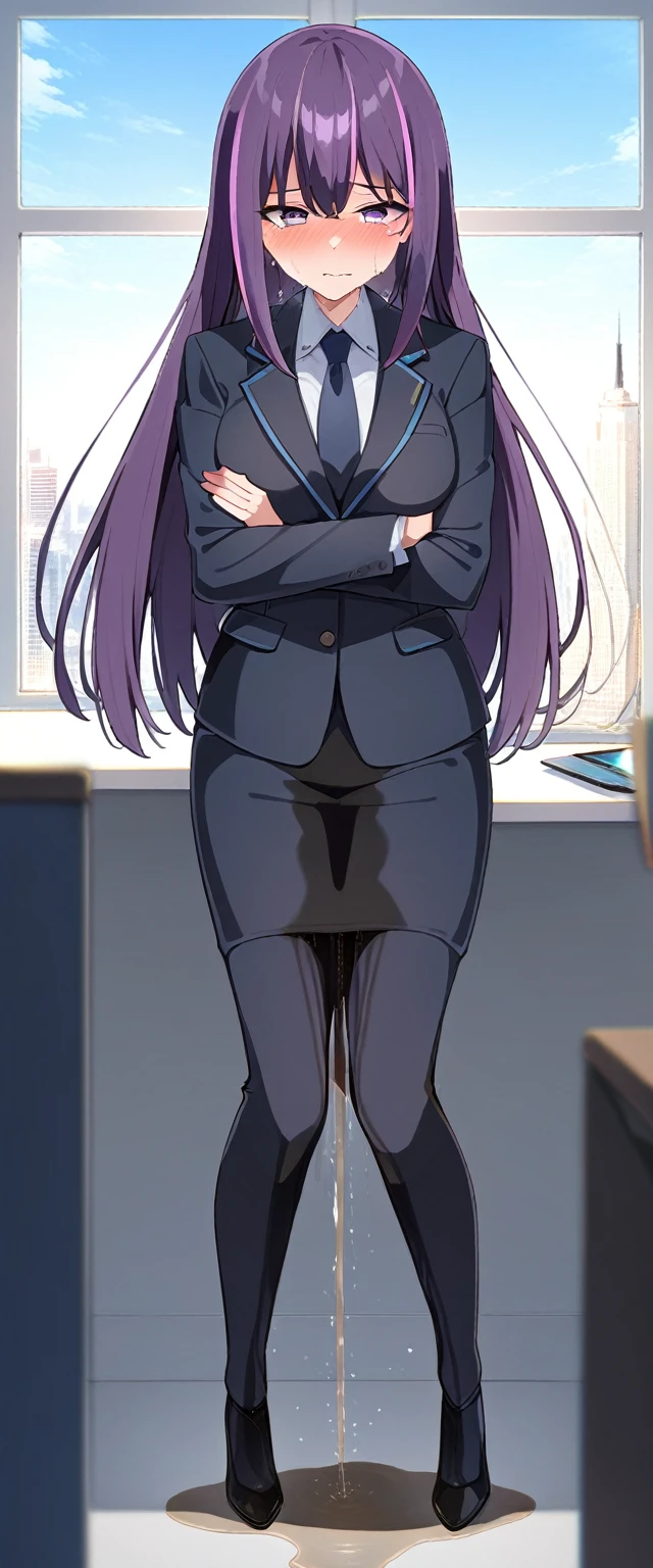 (masterpiece:1.37), best quality, (extremely detailed:1.37), (1girl:1.5), woman, (:1.5), (adult:1.5), large breast long hair, (straight hair:1.5), (very dark purple hair:1.5), purple eyes, (extremely detailed eyes:1.37), business suit, necktie, very long (pencil skirt:1.5), pantyhose, detion, (wetting self:2.0), standing, embarrassed, humiliation, blushing, angry, (crossed arms:1.5), office, indoors, window, cityscape, full body