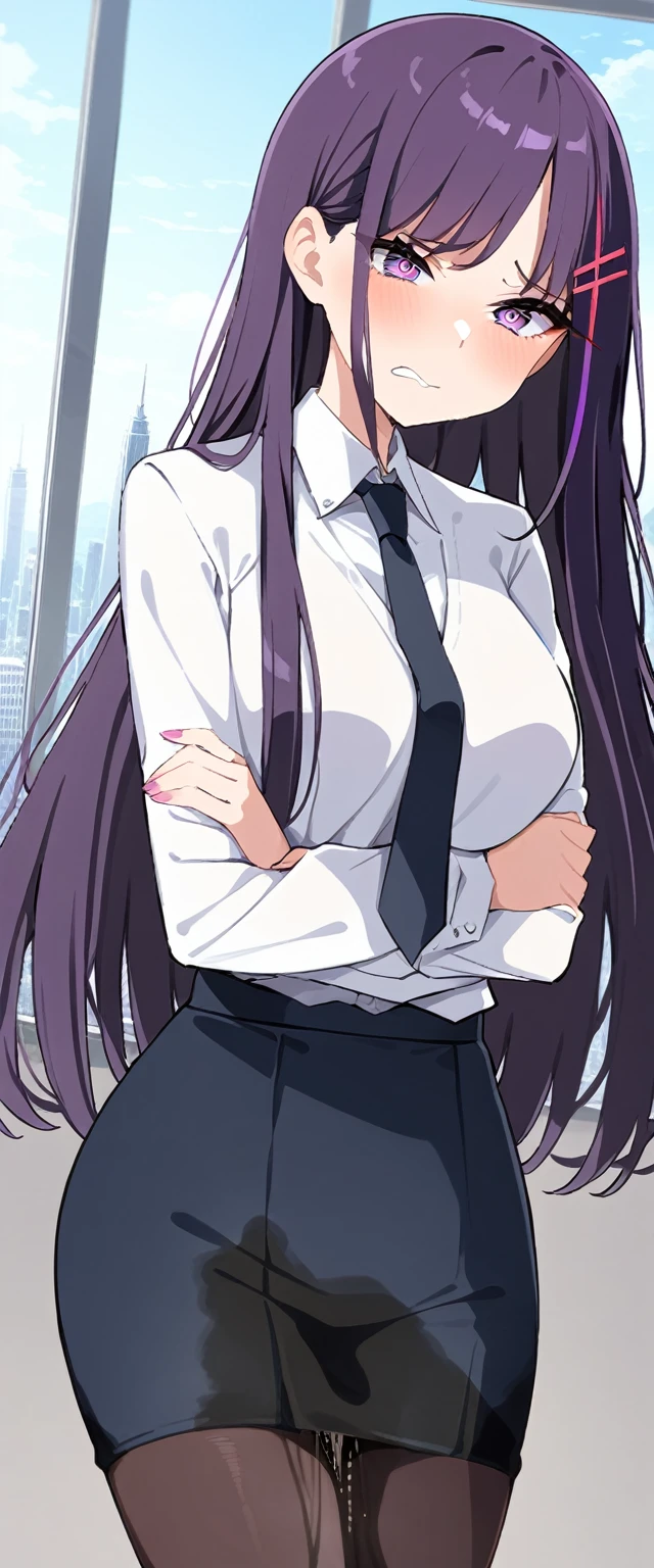 (masterpiece:1.37), best quality, (extremely detailed:1.37), (1girl:1.5), woman, (mature:1.5), (adult:1.5), large breasts, very long hair, (straight hair:1.5), (very dark purple hair:1.5), purple eyes, (extremely detailed eyes:1.37), business suit, necktie, very long (pencil skirt:1.5), pantyhose, desperation, (wetting self:2.0), standing, embarrassed, humiliation, blushing, angry, (crossed arms:1.5), office, indoors, window, cityscape, full body