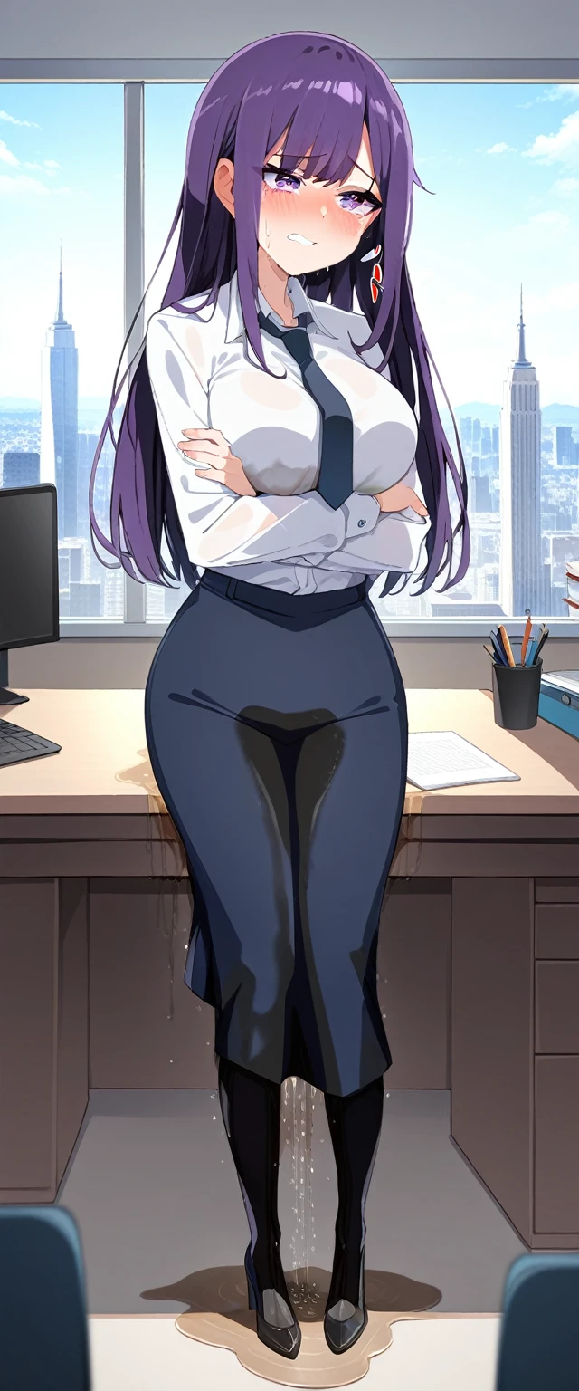 (masterpiece:1.37), best quality, (extremely detailed:1.37), (1girl:1.5), woman, (mature:1.5), (adult:1.5), large breasts, very long hair, (straight hair:1.5), (very dark purple hair:1.5), purple eyes, (extremely detailed eyes:1.37), business suit, necktie, very long pencil skirt, pantyhose, desperation, (wetting self:2.0), standing, embarrassed, humiliation, blushing, angry, office, indoors, window, cityscape, full body