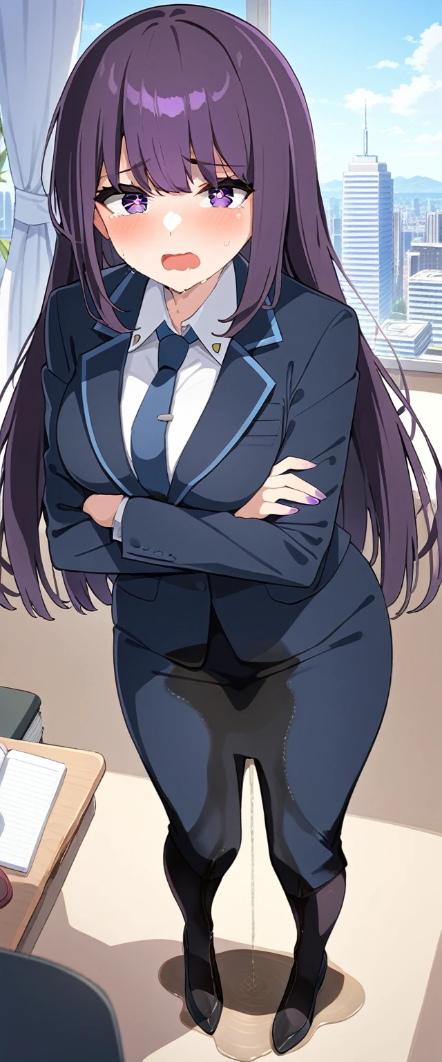 (masterpiece:1.37), best quality, (extremely detailed:1.37), (1girl:1.5), woman, (:1.5), (adult:1.5), large breast long hair, (straight hair:1.5), (very dark purple hair:1.5), purple eyes, (extremely detailed eyes:1.37), business suit, necktie, very long pencil skirt, pantyhose, detion, (wetting self:2.0), standing, embarrassed, humiliation, blushing, angry, office, indoors, window, cityscape, full body