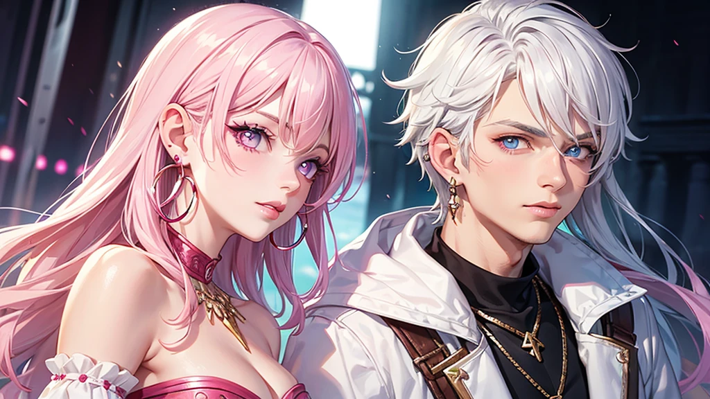 Fantasy Adventurers, 1 Girl, Boy with white hair by 2 person, , Looking at the audience, Blue Eyes Background, White Background, jewelry, Mouth closed, Upper Body, Pink Hair, Earrings, Pink Eyes, necklace, From the side, knight, lips, eyelash, Compensate, Wavy Hair, Earrings, cross, lipstick, ear Earrings, eye shadow, hoop Earrings, pink lips, Variegated eyes, Pink Theme, , pink eye shadow,
