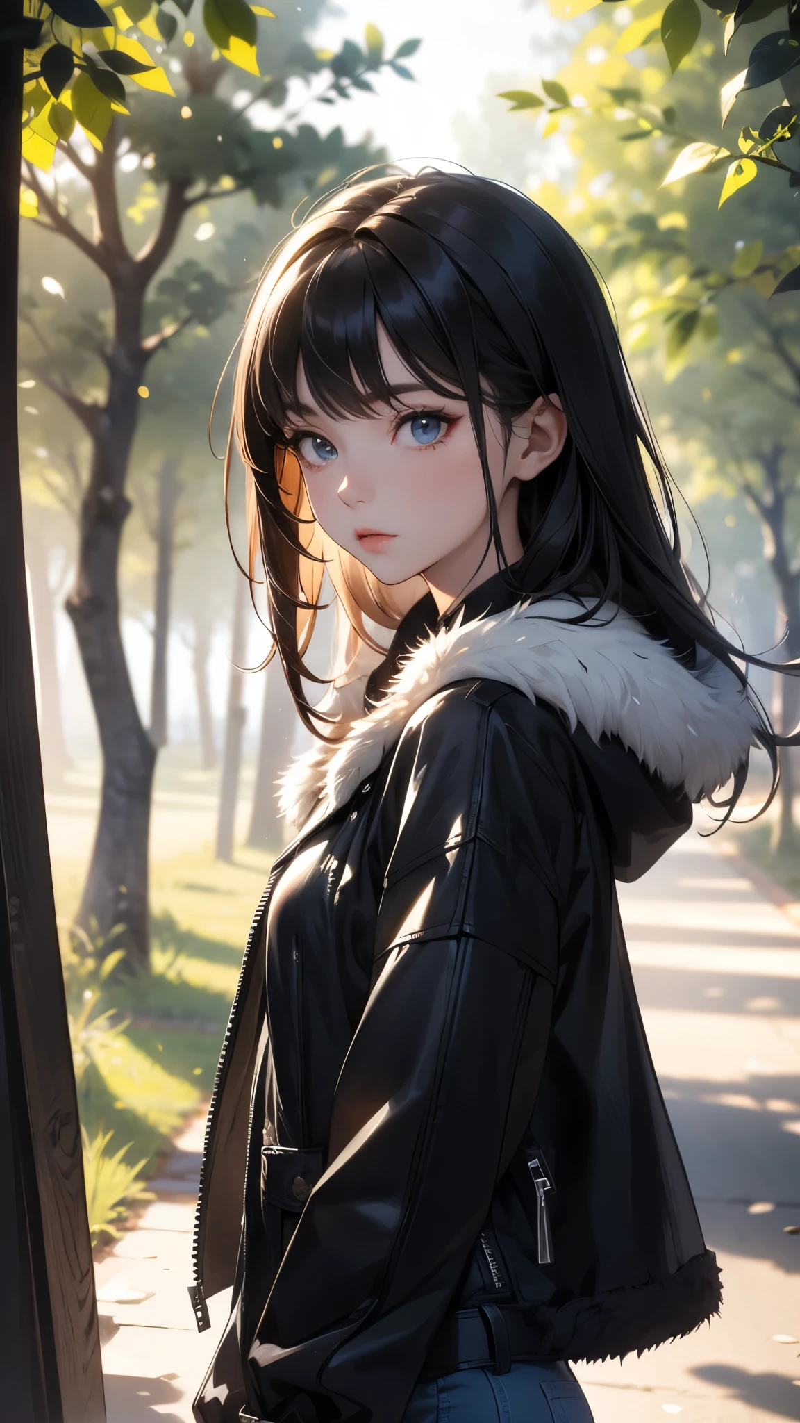 work of art, best qualityer, ultra epic details, creative, good lighting, excellent shading, light color tone, (4K), (face 8k), water effects, forest in the background, lightning and thunder, haos, tempest, rot, rosto angelical,, Perfection!, fur coat, jeans, Bblack hair, blue eyes, lindo rosto ( Ultra HD Face ), tied up hair, (( sfw ))
