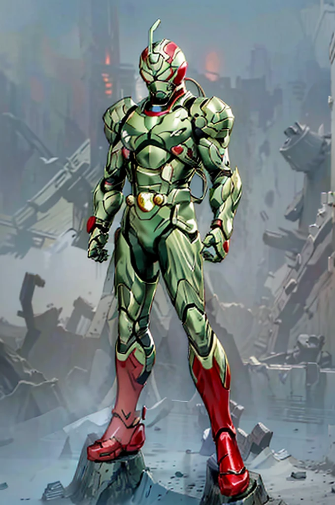 (My Hero Academia Style), (Full body photo:1.5),((full bodyesbian)), (Simple background), ((High resolution)), (simple background), (white backgrounid:1.3), 1man, A man wearing a full-face helmet mask that covers most of his face, (((armored and silvered guatelente))), (((a bright green spot on his chest))), anime boy, male, young male, trending on artstation pixiv, (full body shot:0.5), head covering, adorned in a biomimetic armor, helmet, face covering, mask, hero suit, full body suit, green suit, Perfect anatomy, Super Detailed, (((red boots))).