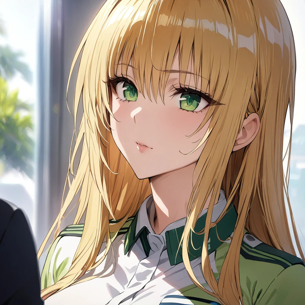 ((Highest quality)), ((masterpiece)), (detailed), (Perfect Face)、The woman is Tiare, a member of the Visitors with green eyes and medium-long blonde hair, wearing the Visitor uniform.