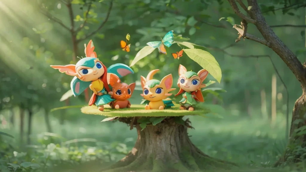 Lots of elves,Look at each other,The eyes are shining,looking at butterflies,There are many elves around,Playing with each other