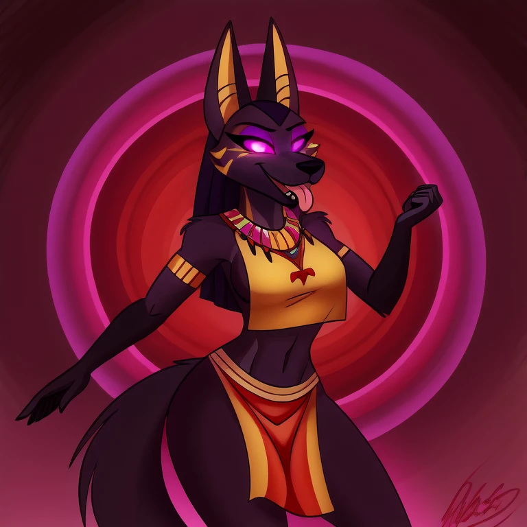 (masterpiece, best quality:1.2), Vortex female anubian jackal hellhound, wolf, furry, helluva boss, hypnotized with glowing purple eyes, tongue out, tribal clothes, yellow_tabard, tribal clothes, dancing ridiculously