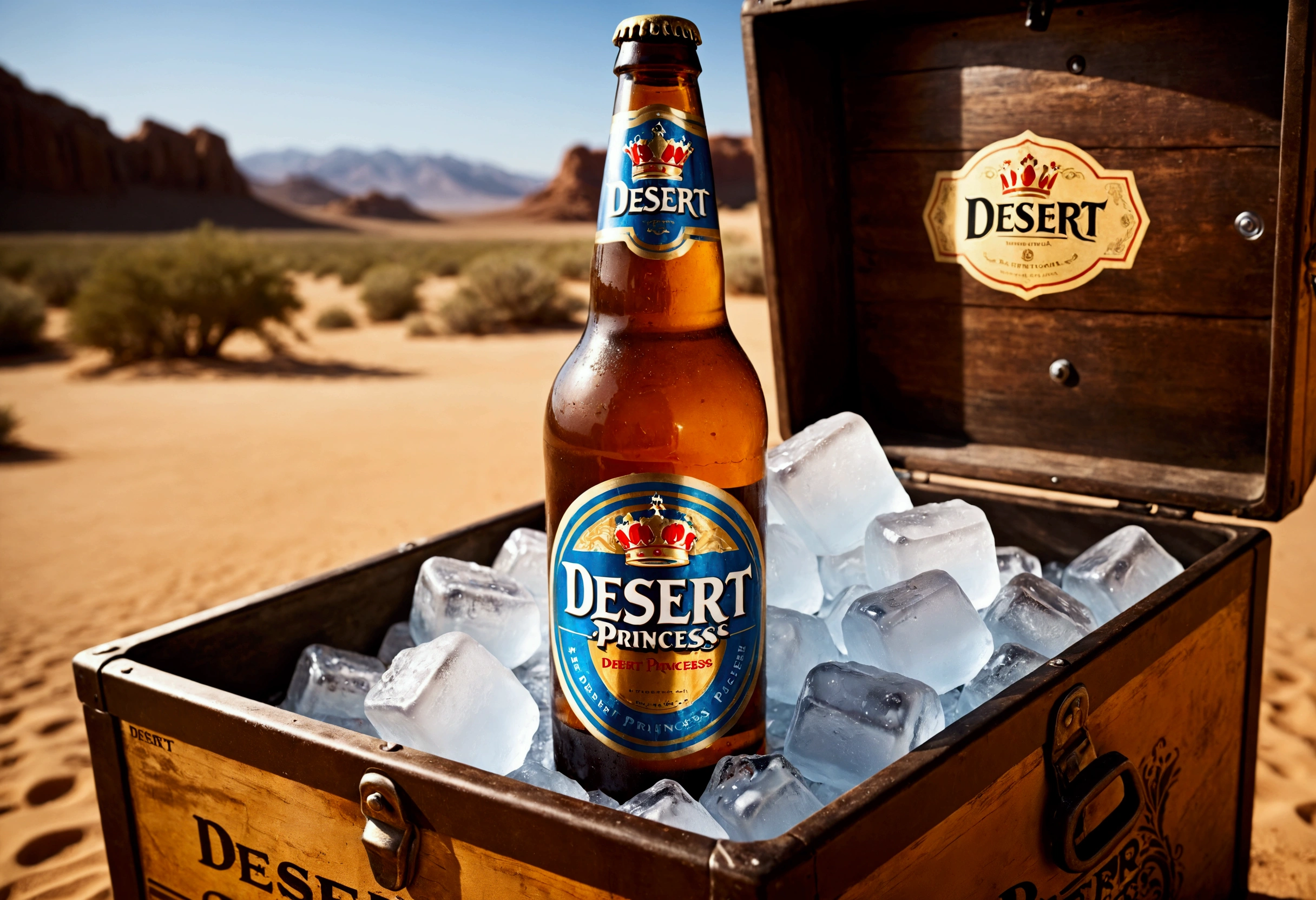 A beer commercial, unopened bottle of beer in ice chest, label reads 'Desert Princess'