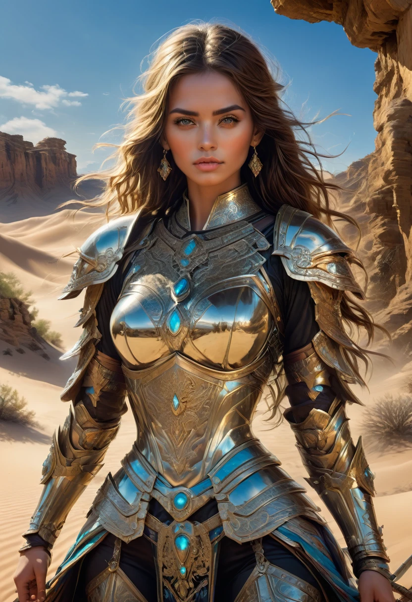 Female Warrior, best quality, masterpiece, very aesthetic, perfect composition, intricate details, ultra-detailed, located at the desert