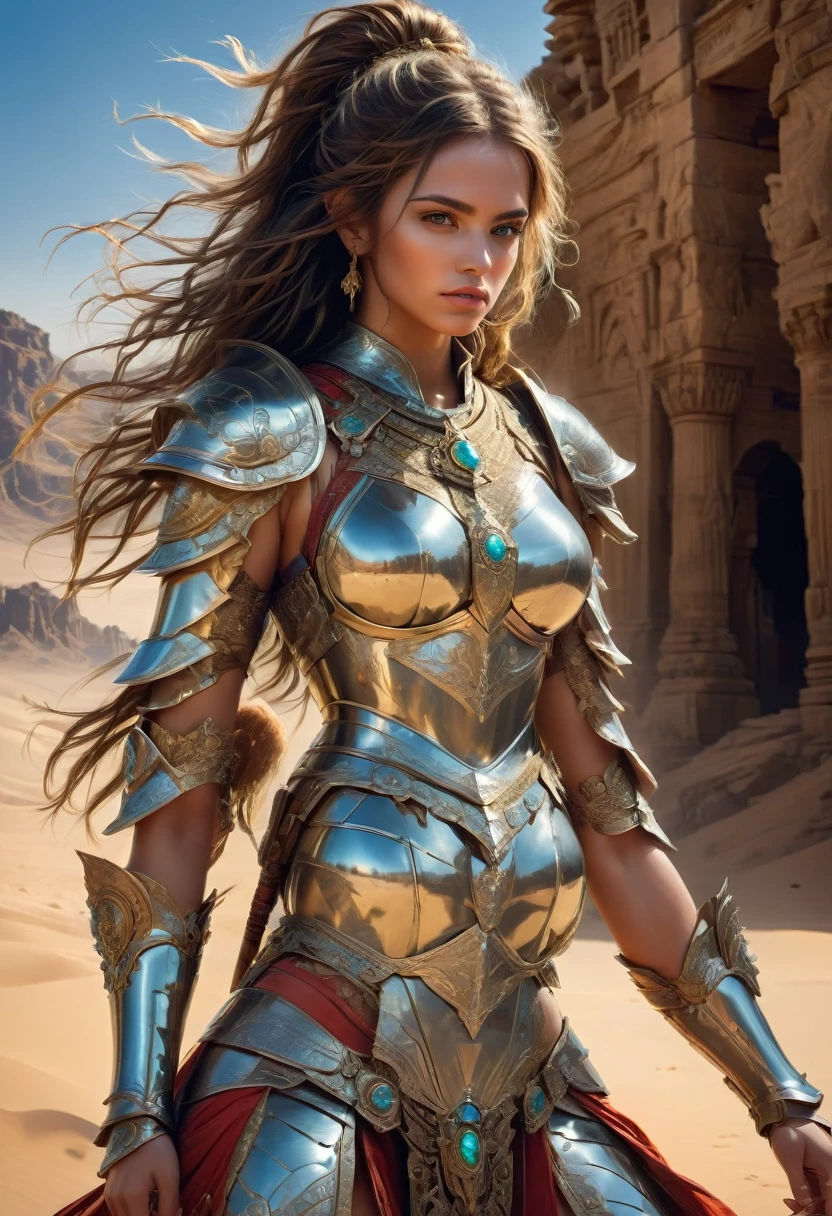 Female Warrior, best quality, masterpiece, very aesthetic, perfect composition, intricate details, ultra-detailed, located at the desert