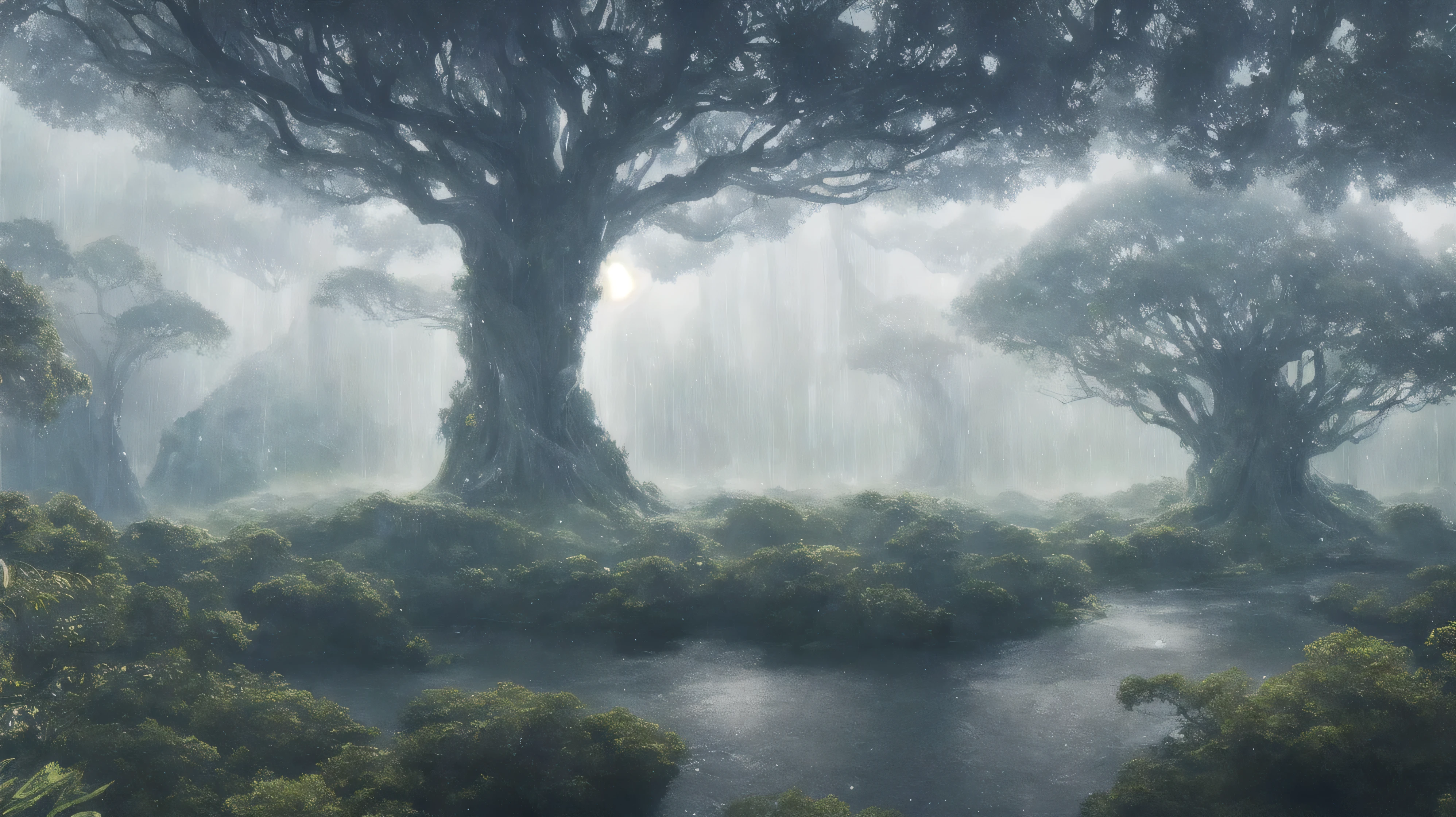 Surreal illustration , Otherworldly, Ultra-aerial scene featuring the entire body of a giant crystal tree,Very detailed and magical lighting, Heavy rain is falling from the sky,Intricate forest details, Surrounding vegetation and river, Solarpunk ,landscape, Giant Tree, Beautiful foliage with beautiful lighting and realistic proportions, Like a movie background, 8K, Highest quality, masterpiece, Sky with clouds and stars.