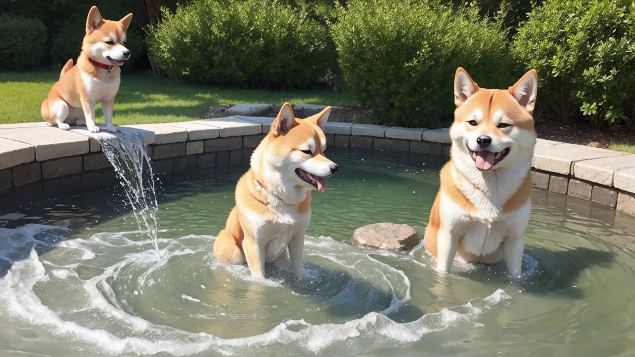 Shiba Inu and boy happily playing water whirlpool magic