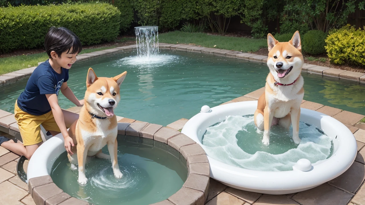 Shiba Inu and boy happily playing water whirlpool magic