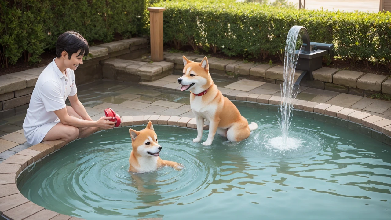 Shiba Inu and boy happily playing water whirlpool magic